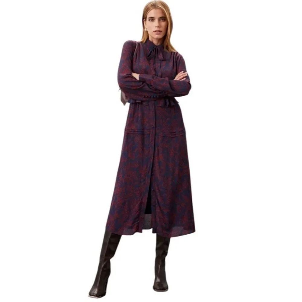 Jason Wu Size 6 Dark Blue Red Floral Chiffon Long Sleeve Midi Dress MSRP $575